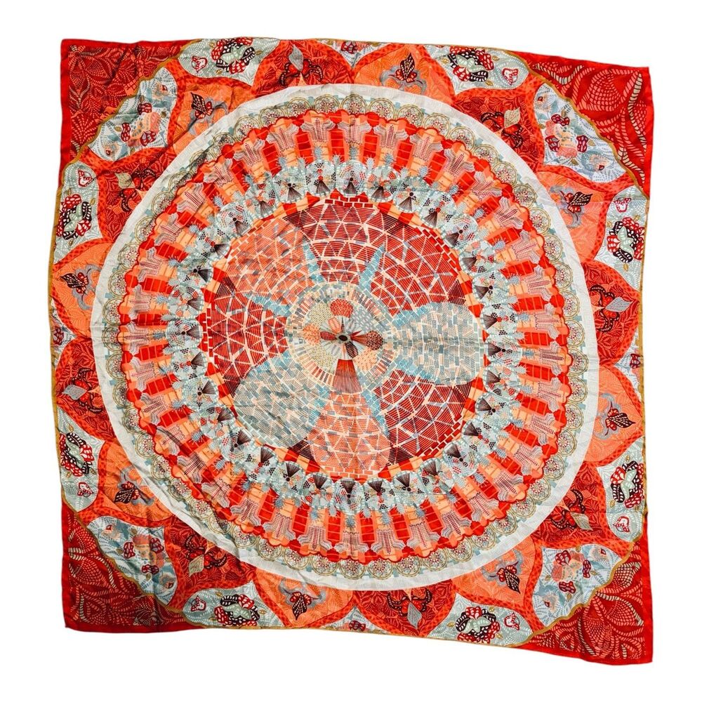 Pineda Covalin Scarf 34" Square 100% Silk Orange Red Floral Mandala Print Mexico